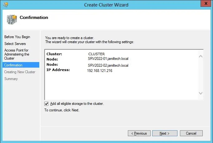 Creating cluster wizard confirmation