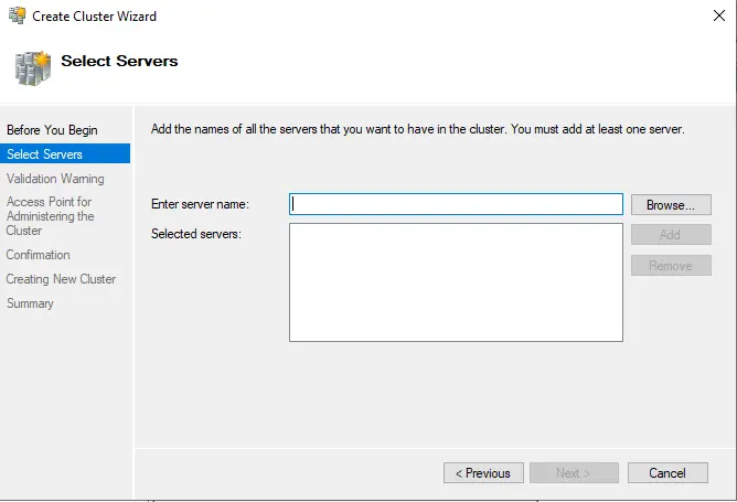 Creating cluster wizard select servers