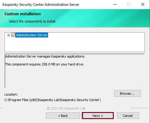 Custom installation Kaspersky Security Center