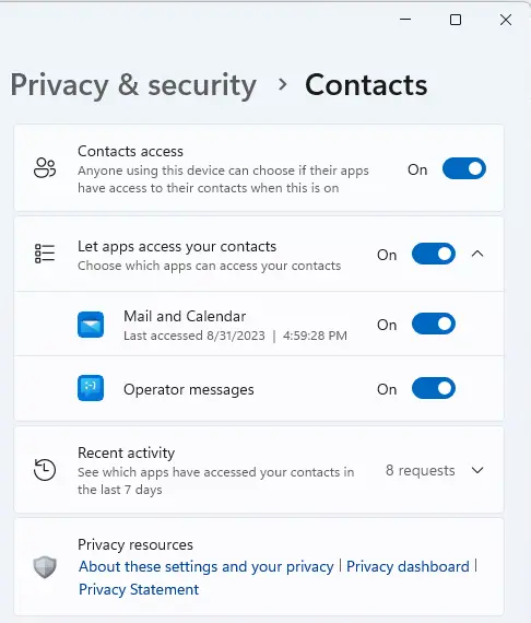 Customize privacy settings contacts access