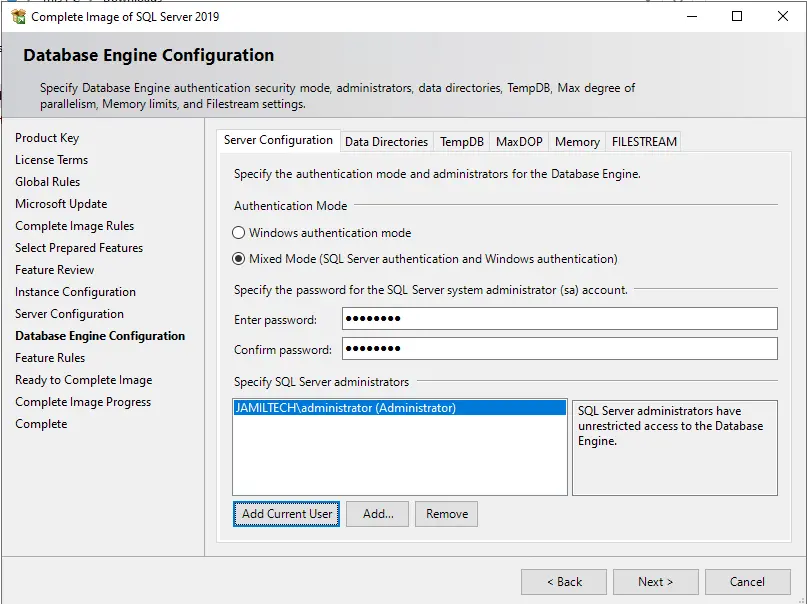 Database engine configuration SQL