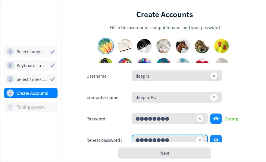 Deepin OS create accounts