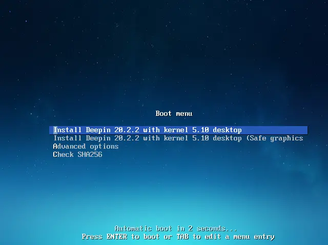 Deepin desktop 20.2 boot menu