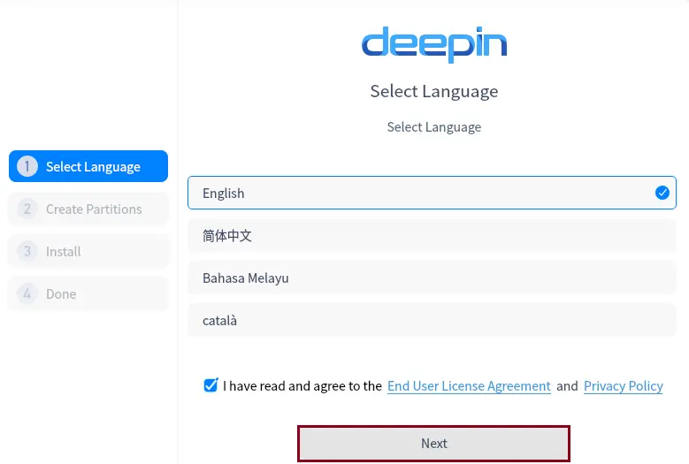 Deepin desktop language selection