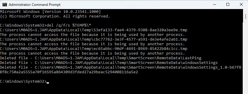 Delete temp files command prompt