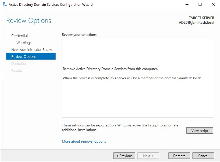 Demote active directory review options