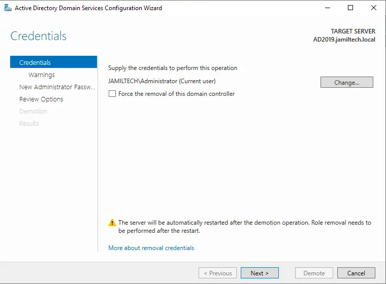 Demote domain controller credentials