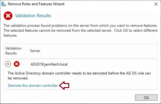 Demote domain controller validation results