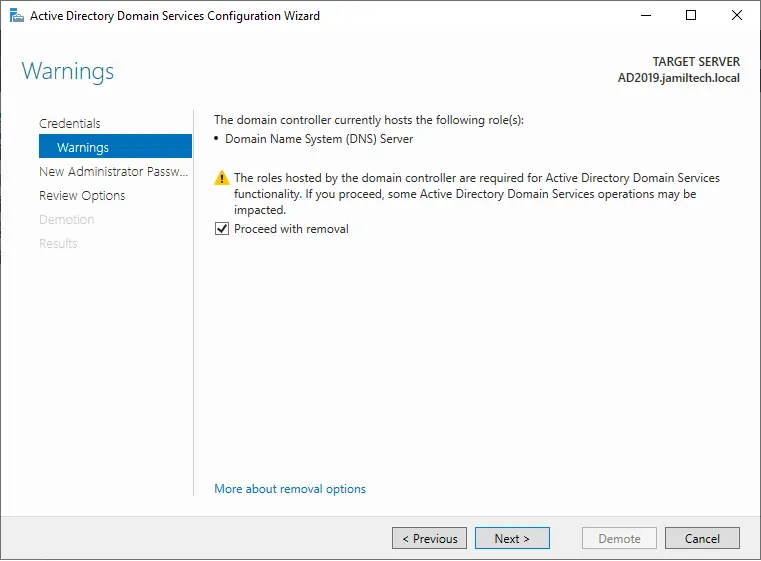 Demote domain controller warnings