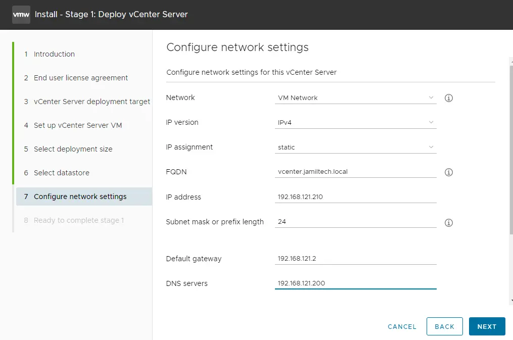 Deploy vCenter server network settings