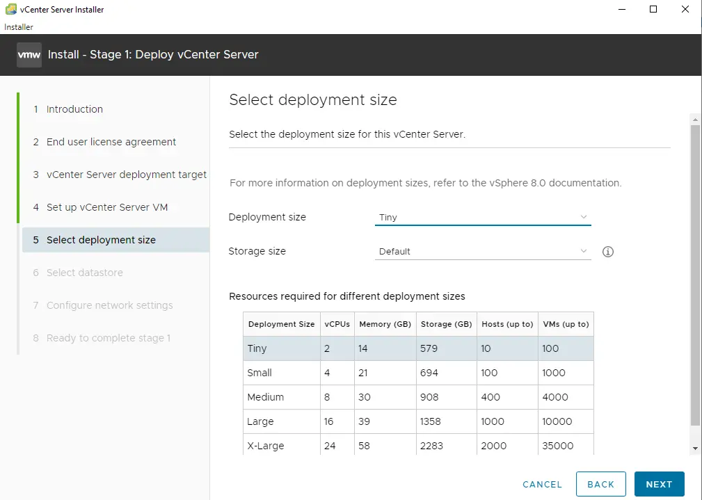 Deployment size for vCenter server