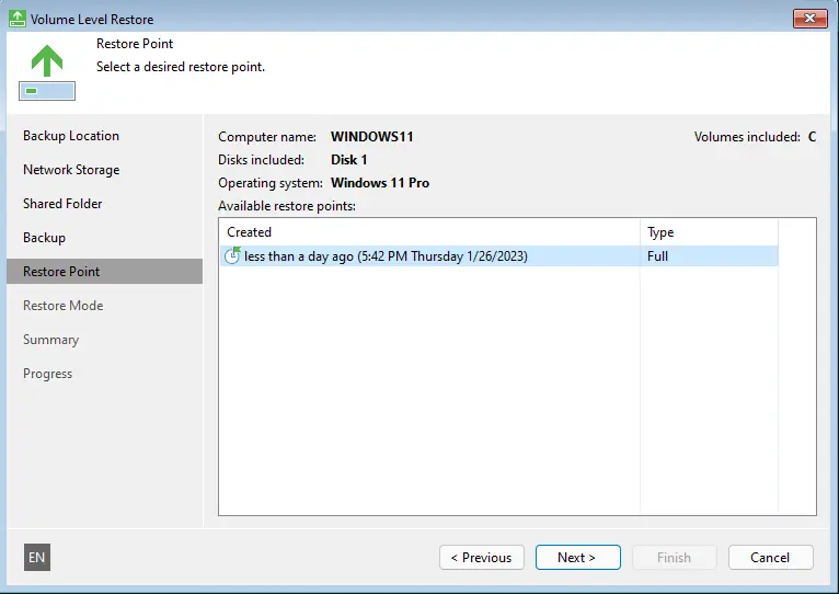 Desired restore point Veeam