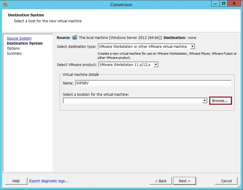 Destination system VMware converter