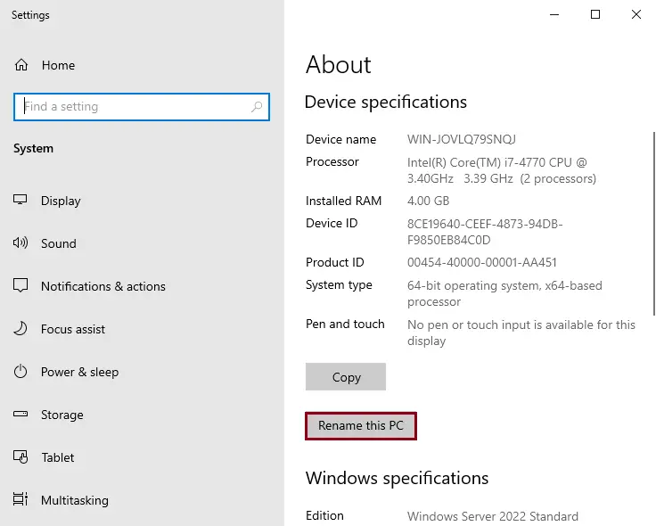Device specifications server 2022