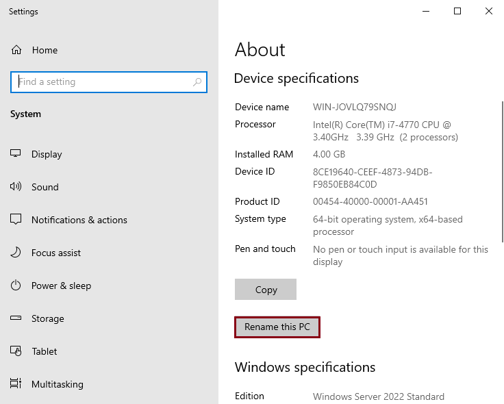 Device specifications server 2022