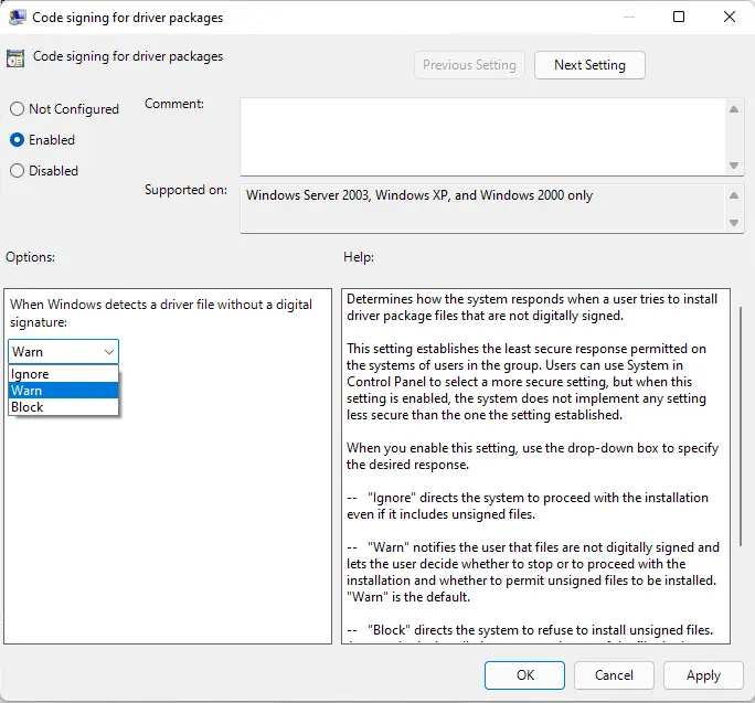 Disable Driver Signature Enforcement via GPO