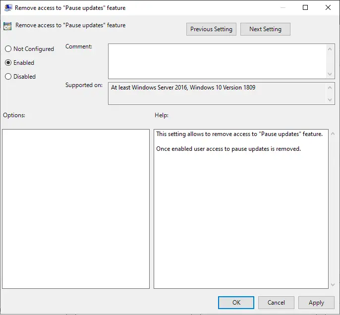 Disable Pause Updates via Group Policy