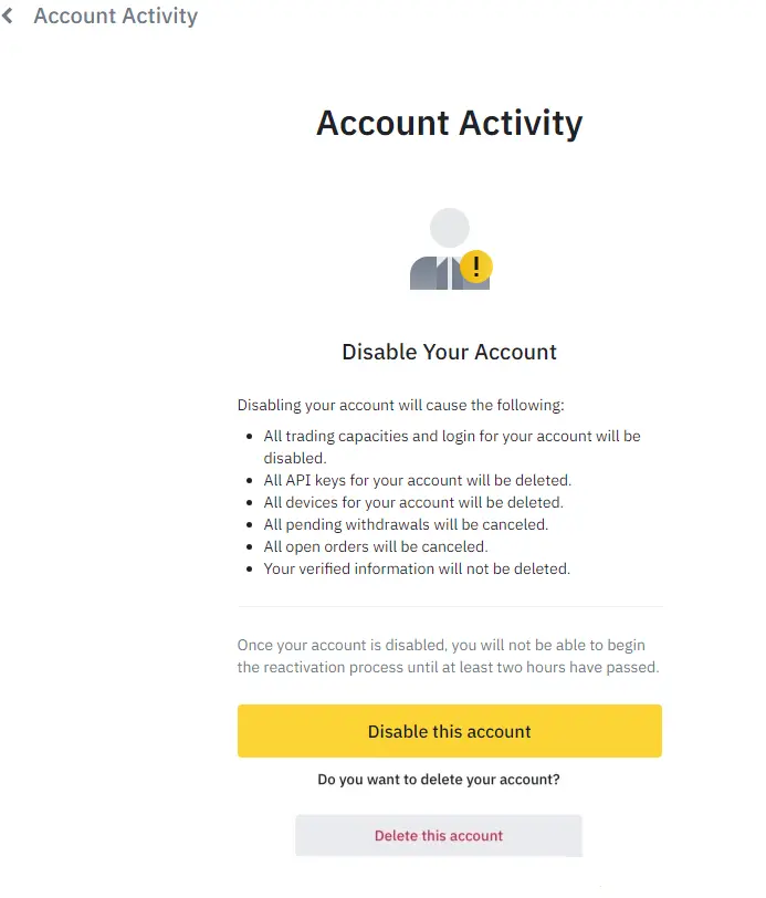 Disable binance account