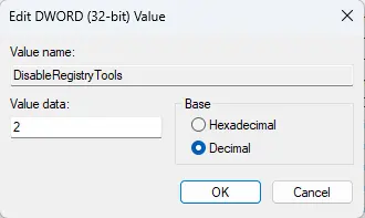 Disable registry tool