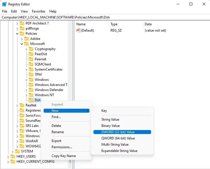 Disable widget using registry editor