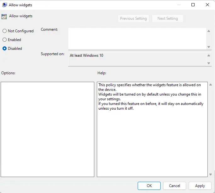 Disable widgets with group policy editor