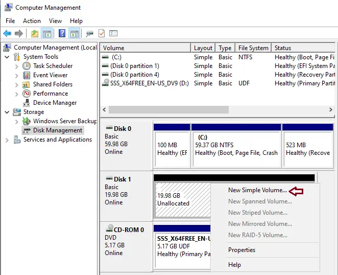 Disk management create partition