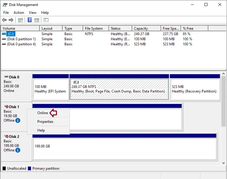 Disk management disk 1 online