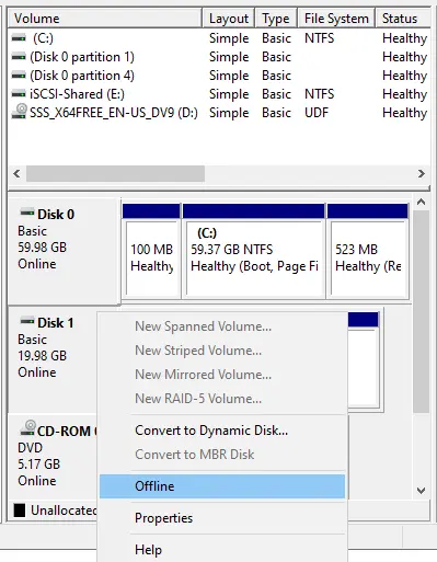 Disk management disk offline