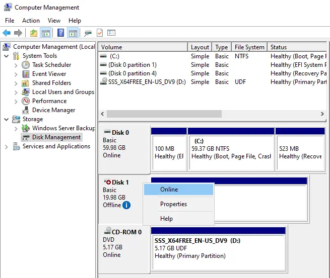 Disk management disk online