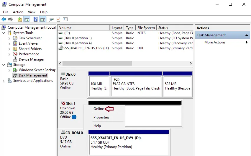 Disk management disk online