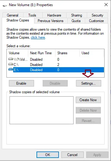 Disk volume properties shadow copies