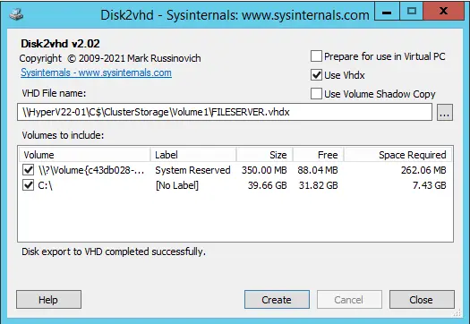 Disk2vhd tool