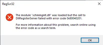 DllRegisterServer failed error code 0x80040201