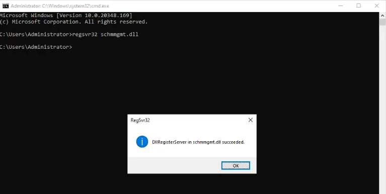 DllRegisterServer in schmmgmt.dll succeeded