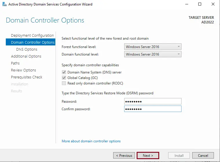 Domain Controller options