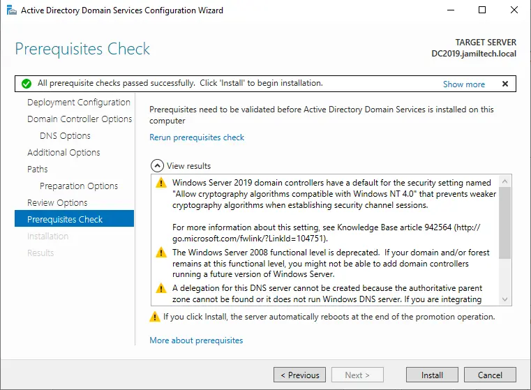 Domain controller prerequisites check