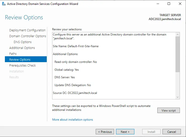 Domain controller review selections