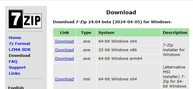 Download 7zip for Windows