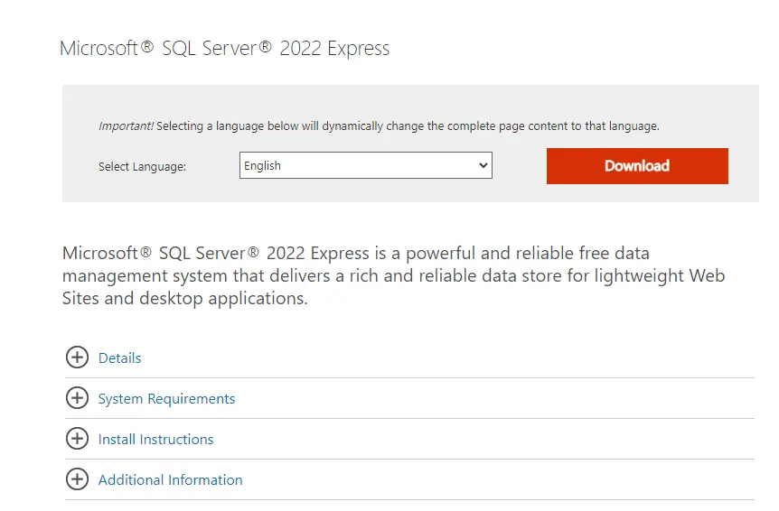 Download SQL server 2022 express