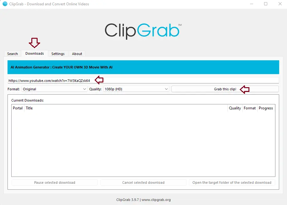 Download YouTube video with clipgrab