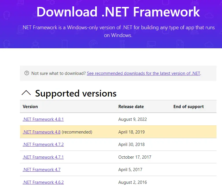 Download and install .Net Framework