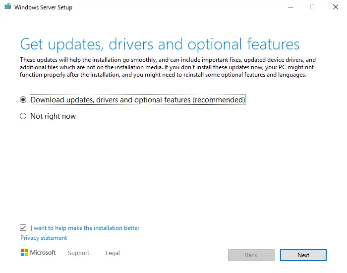 Download updates drivers and optional features
