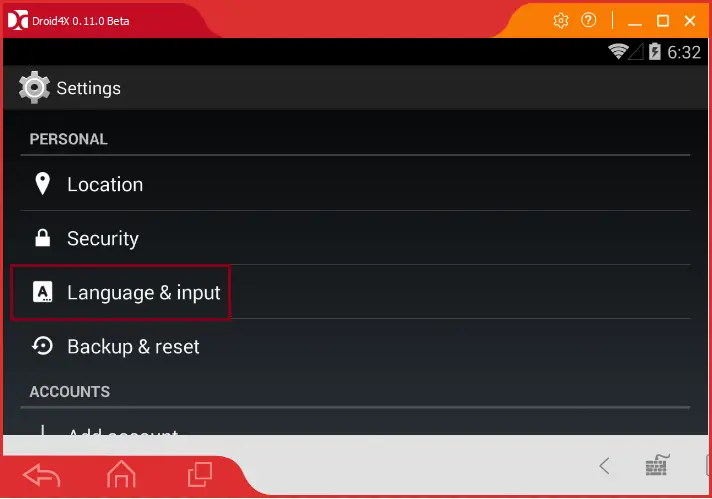 Droid4X settings language & input