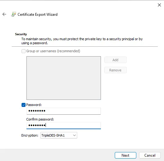 EFS certificate export password