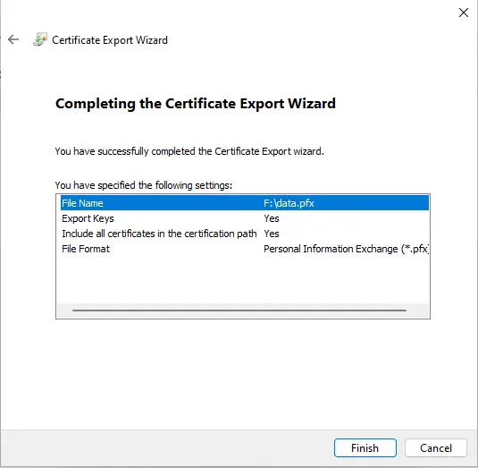 EFS certificate export wizard completed