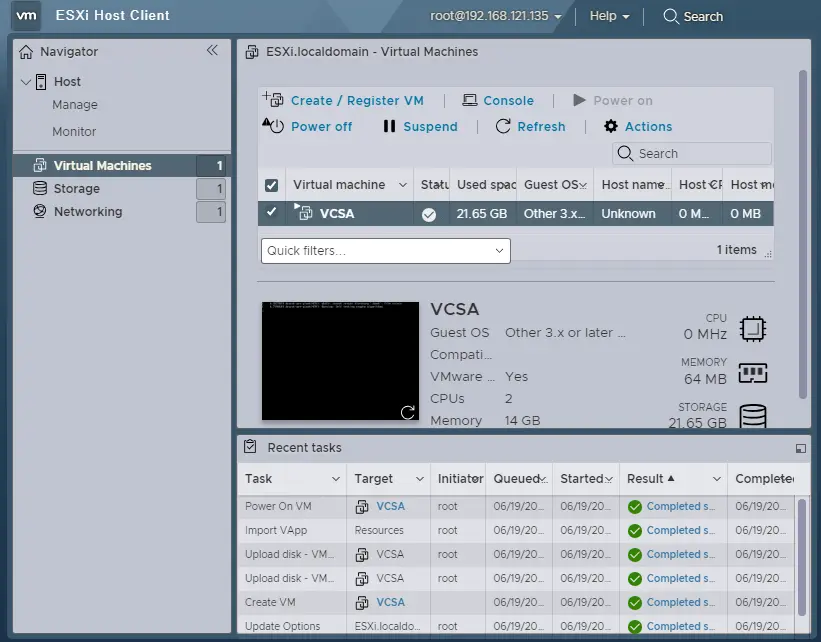 ESXi host client virtual machine