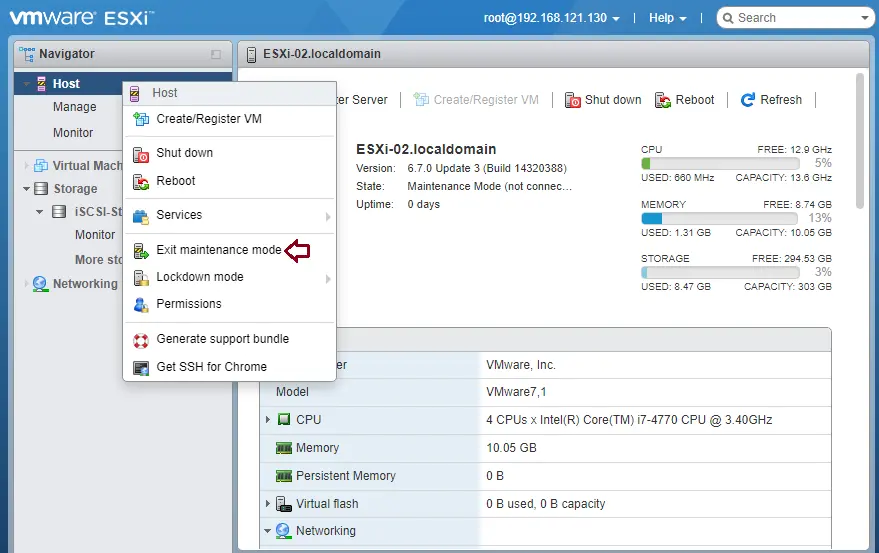 ESXi host exit maintenance mode