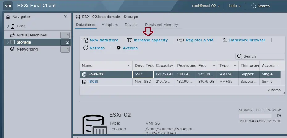 ESXi host increase datastore capacity