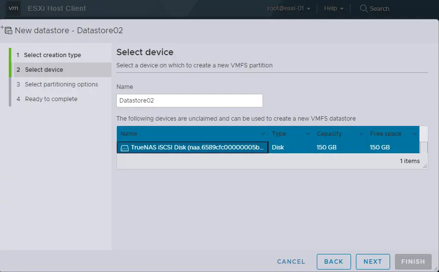 ESXi new datastore select device