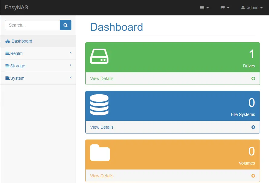 EasyNAS storage dashboard